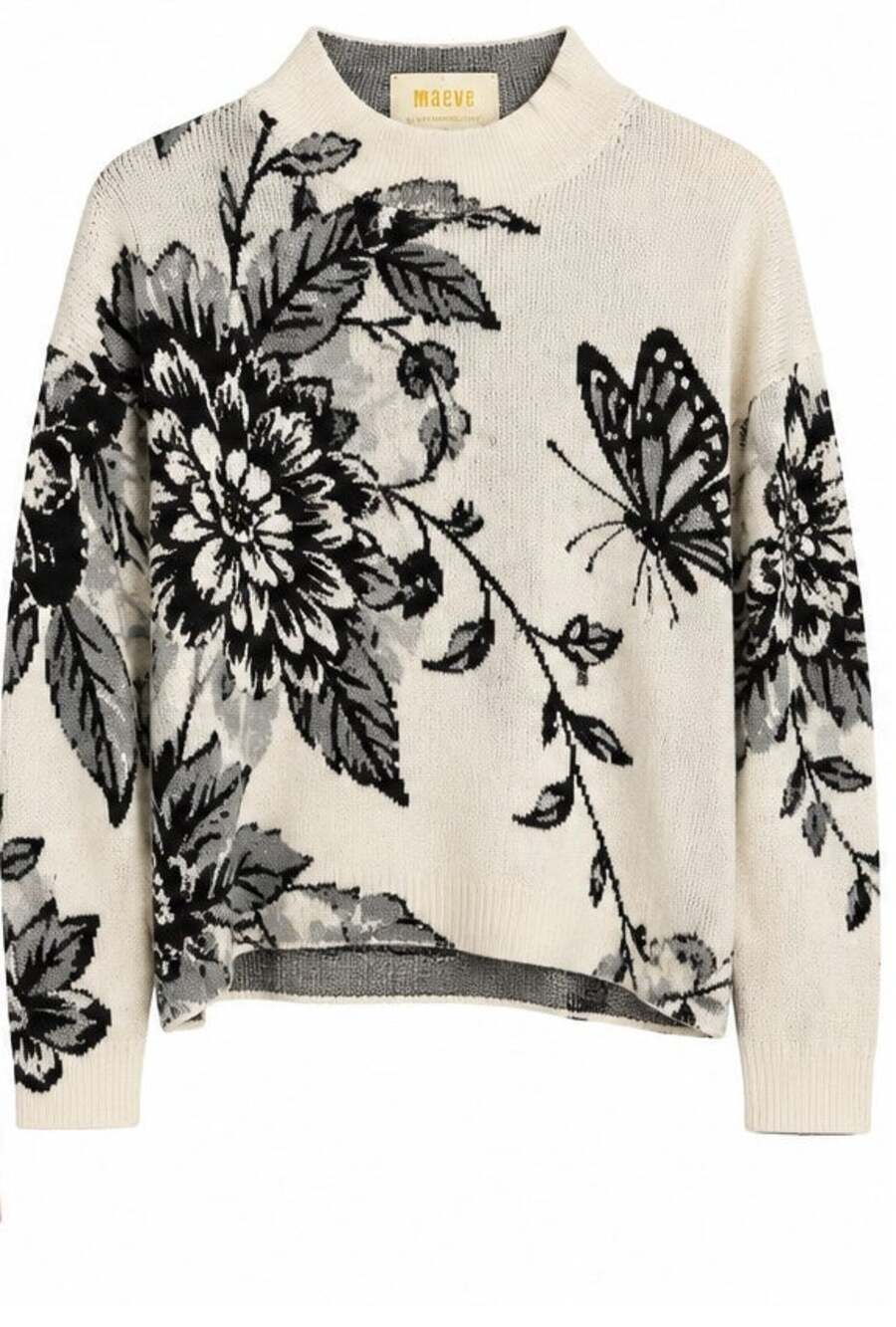 Maeve Anthropologie Floral Butterfly Print Mock Neck Knit Sweater Wide XS